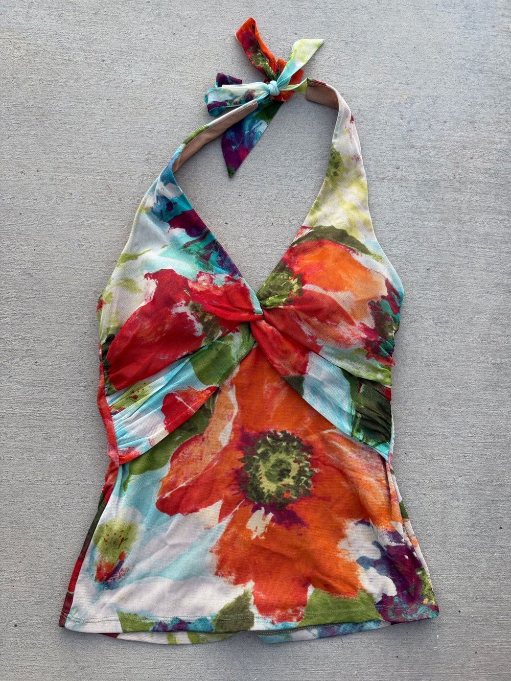 Caché Vintage Y2K Floral Watercolor Mesh Halter Tank Top L